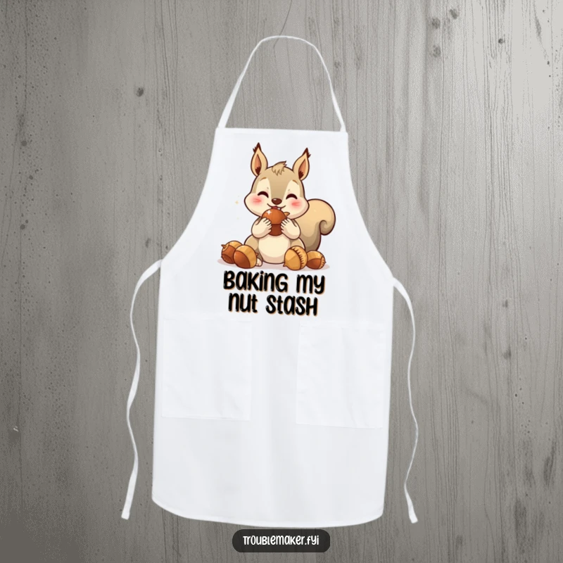 Funny apron featuring a spirited squirrel character stuffing its cheeks with oversized, glittering acorns, ideal for the kitchen.