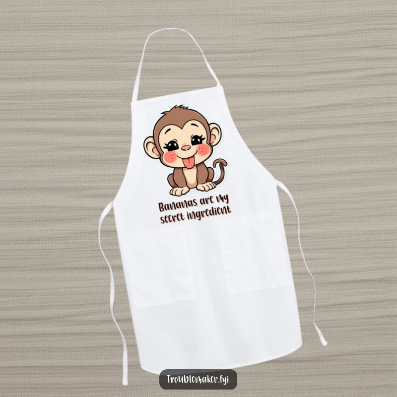 Funny monkey apron showing a cheerful primate sticking its tongue out and winking, perfect for humorous cooking sessions.