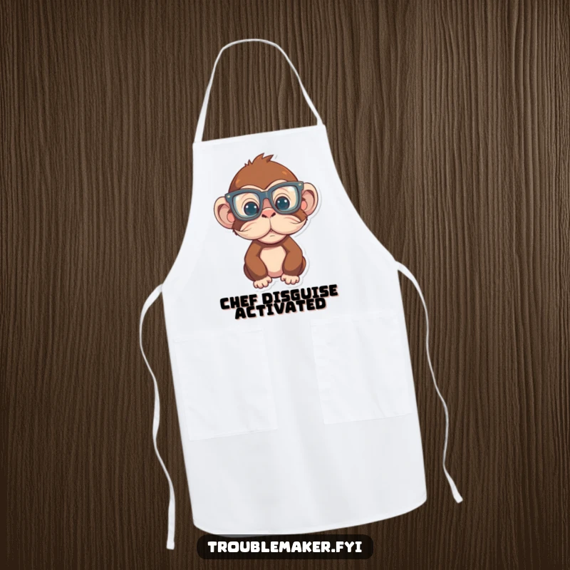Funny Monkey Apron showing a primate wearing a fake mustache and large glasses, ready to cook up some laughs, great funny gift.