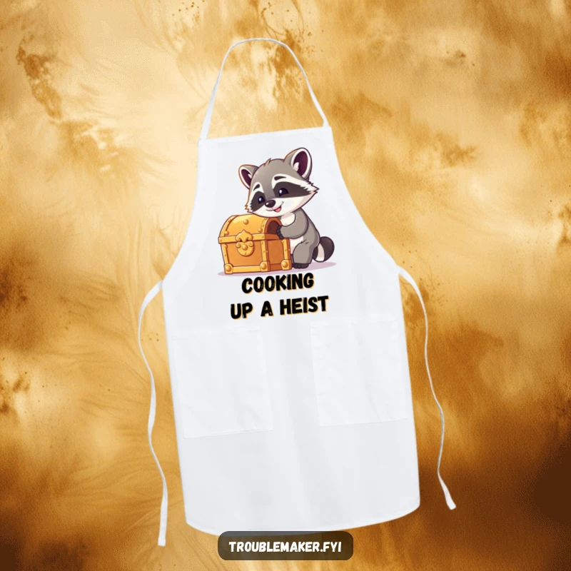 Funny raccoon apron with a cheeky raccoon attempting to pick a treasure chest lock, perfect for a humorous and functional kitchen accessory.