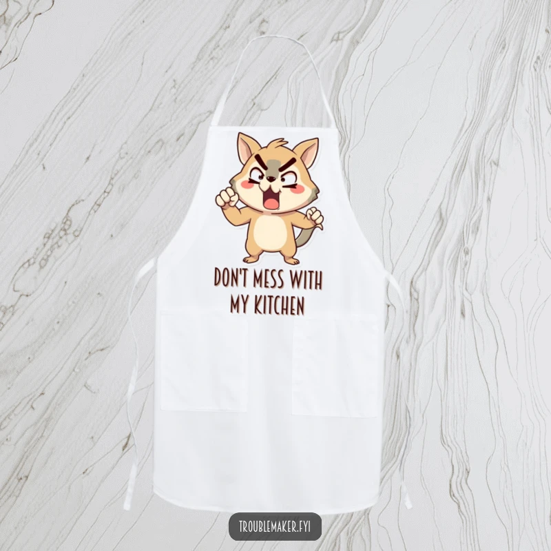 Funny animal character apron, striking a comically exaggerated pose of mock defiance, perfect for humorous cooking.