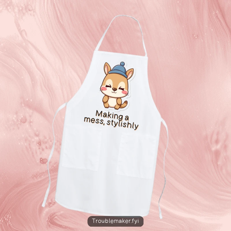 Funny animal character apron, sporting a silly face and a festive funny hat, ideal for humorous cooking adventures.
