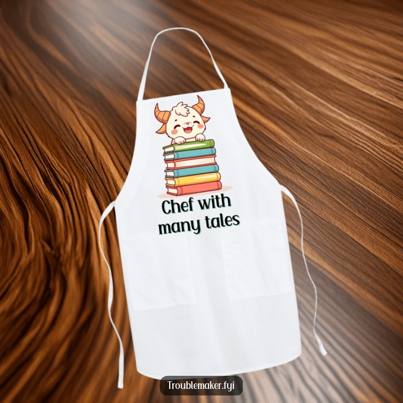 Funny apron depicting a playful horned creature balancing a stack of books, perfect for culinary study and fun.