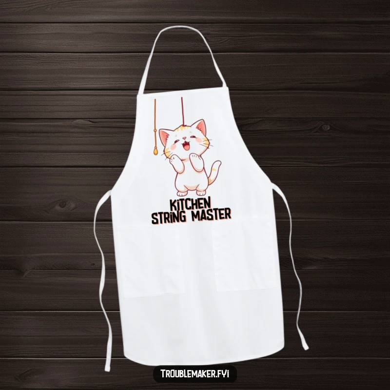 Funny apron featuring a cat intently batting at a dangling string, adding a touch of playful humor to kitchen activities.