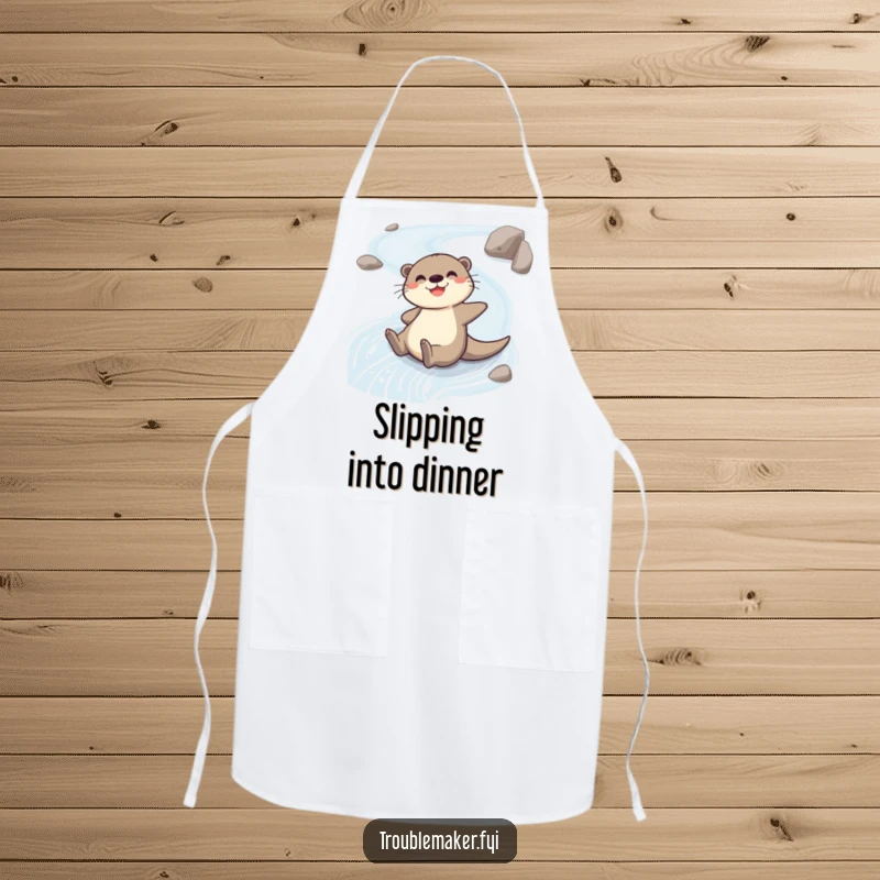Funny apron featuring a cheerful otter character gleefully sliding down a winding riverbank, bringing humor to cooking.