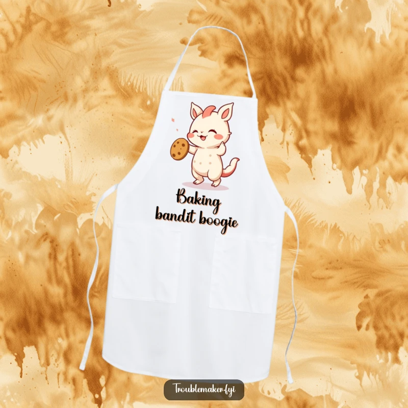 Funny apron illustration of a creature dancing with a stolen cookie, a humorous design for kitchen celebrations.