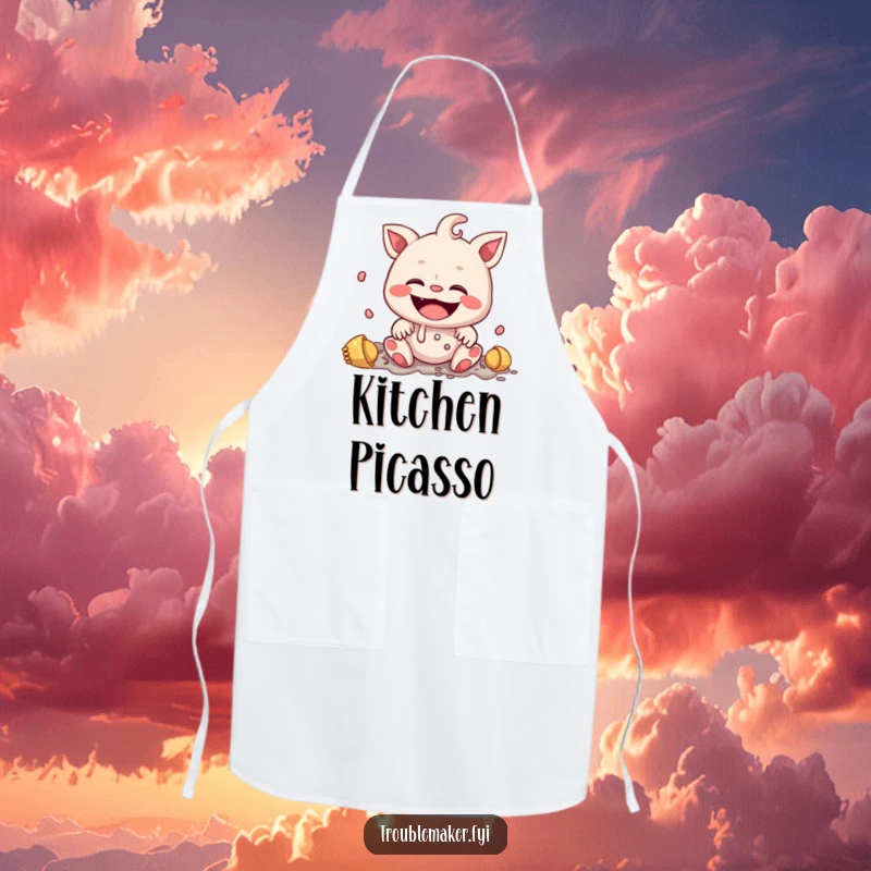 Funny apron illustration of a creature with an innocent smile making a mess, a humorous design for kitchen creativity.