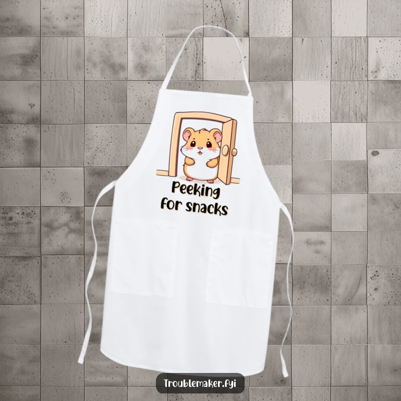 Funny apron featuring a curious hamster character peeking from a tiny, partially open door, bringing humor to cooking.