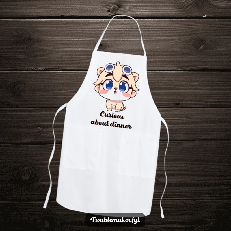 Funny apron showing a troublemaker character looking up with wide, curious eyes, great for culinary exploration.