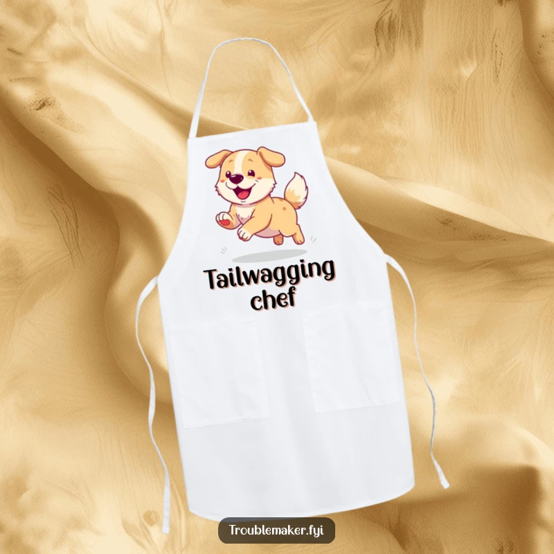 Funny apron featuring a dog joyfully chasing its tail, adding a touch of playful humor to kitchen activities.