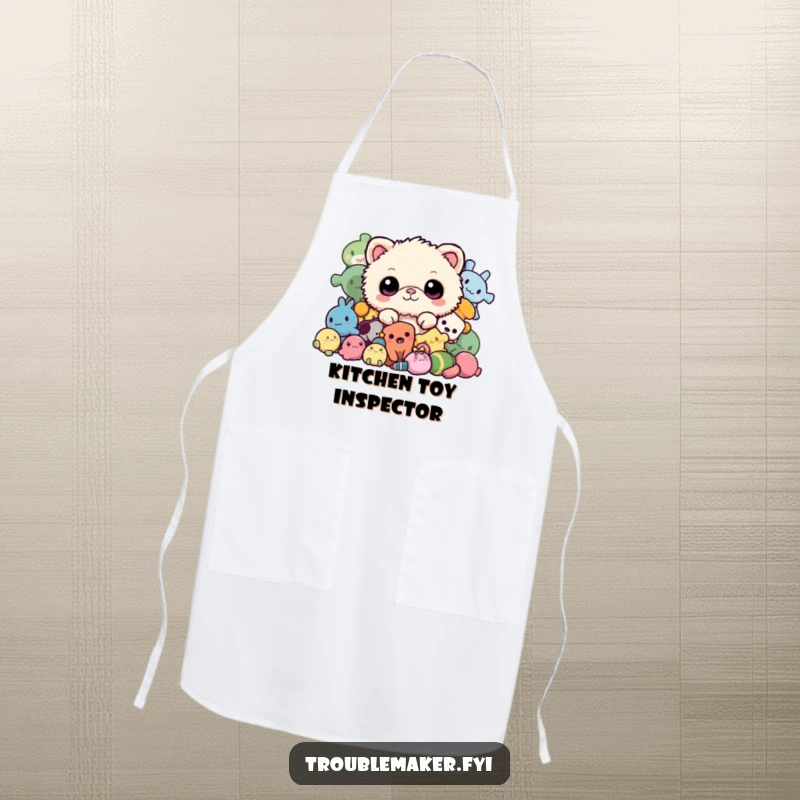 Funny apron featuring a fuzzy creature peeking from a pile of toys, perfect for adding a playful and humorous touch to kitchen activities.