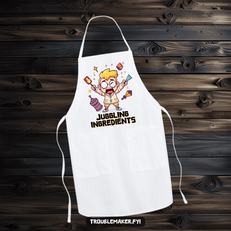 Funny apron showing a troublemaker character juggling chaotic objects, great for multitaskers in the kitchen.