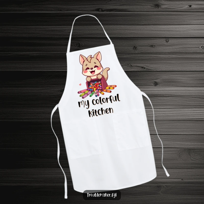 Funny apron with a cute trouble maker animal character joyfully spilling colorful crayons, adding a splash of art-themed humor to the kitchen.