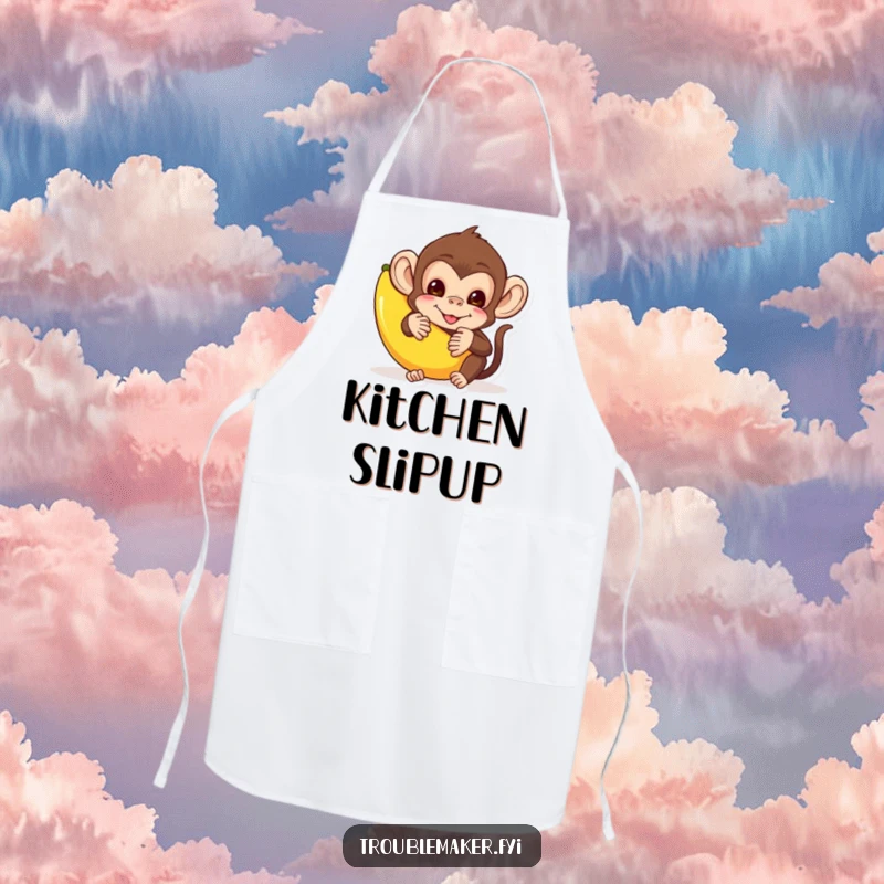 Funny apron with a mischievous monkey hiding behind a banana peel, ready for kitchen capers, adding humor to cooking.