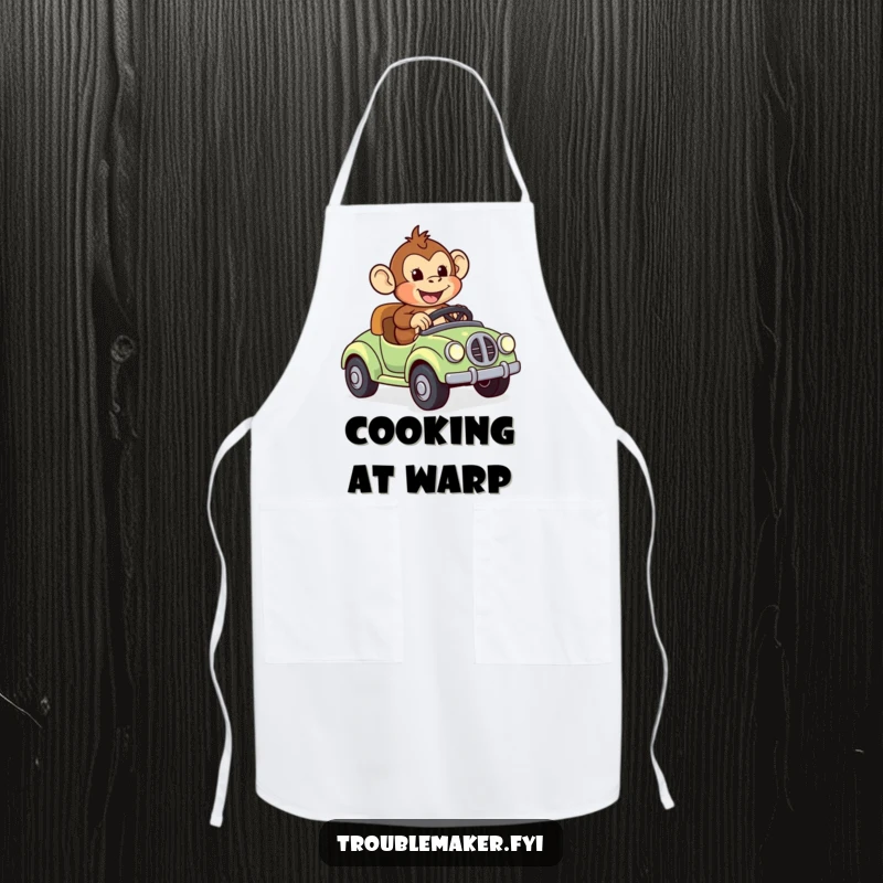 Funny apron showing a monkey joyfully riding a runaway toy car, perfect for kitchen fun and embracing a sense of adventure.