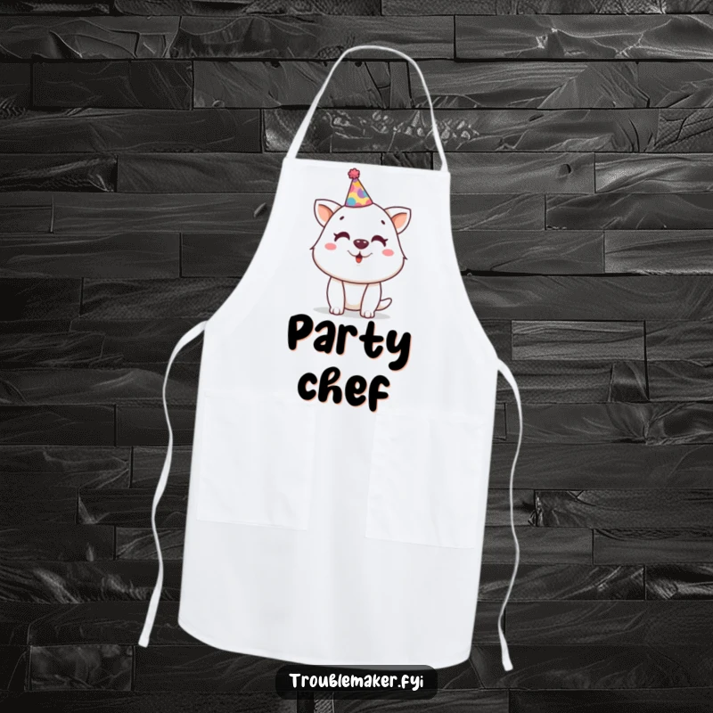 Funny apron with a mischievous animal character wearing a tiny, crooked party hat, suggesting festive kitchen fun and humor.