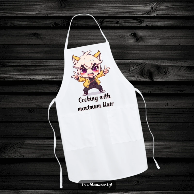 Funny troublemaker character striking a dramatic, over-the-top pose on an apron, bringing playful theatricality to cooking and kitchen tasks.