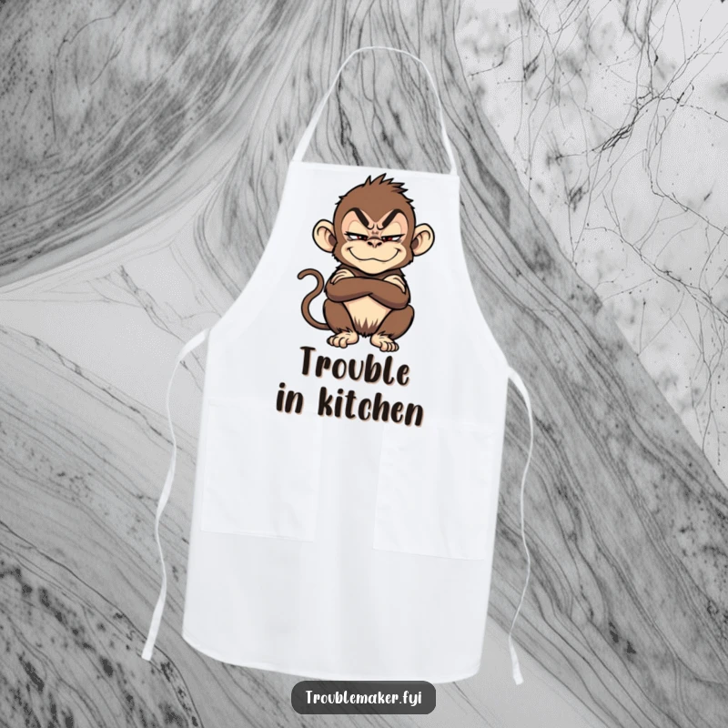 Funny troublemaker monkey with a sly grin and crossed arms, on a functional cooking apron.