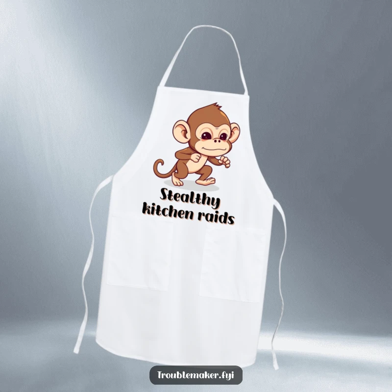 Funny Troublemaker Monkey Apron of a monkey tiptoeing with exaggerated stealth, ready for kitchen capers, great funny gift.