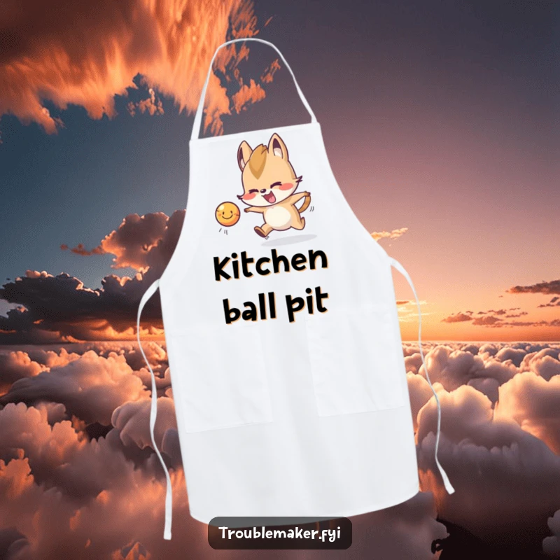 Funny Apron with a mischievous animal character playfully chasing a smiling ball, perfect for adding humor to cooking.