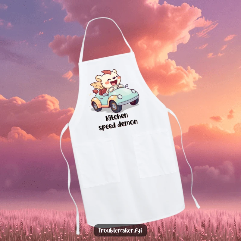 Funny apron depicting a creature in a toy car, moving at high speed, a humorous representation of a fast-paced kitchen.