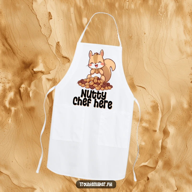 Funny apron with a squirrel gleefully hoarding nuts, ready for kitchen bounties, adding humor to cooking.