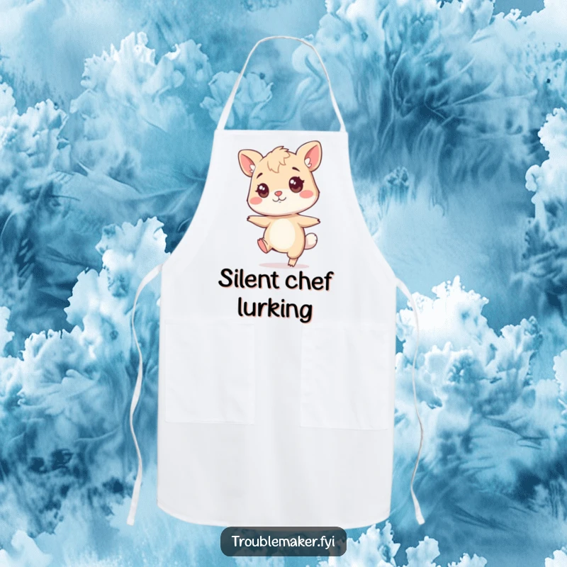 Funny sneaky animal apron, a character tiptoeing with a mischievous glint, ideal for kitchen fun and stealthy chefs.