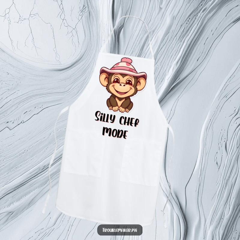 Funny apron with an impish monkey character sporting a wide smile and a silly hat, ideal for a playful cooking experience.