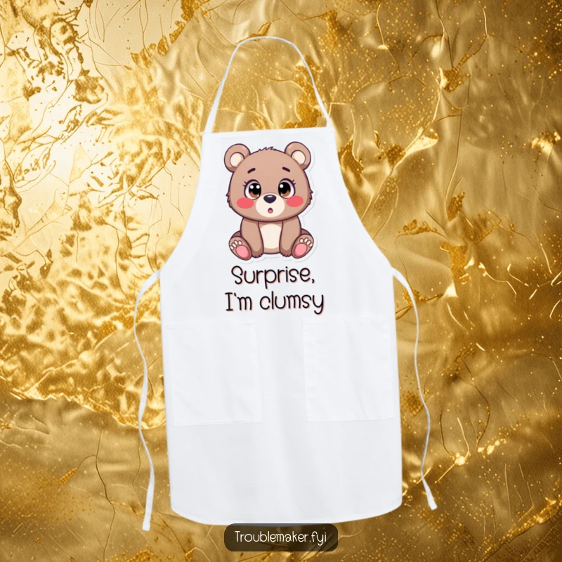 Funny Apron depicting a bear cub with comically wide eyes, looking surprised by something delicious in the kitchen, perfect for a humorous cooking experience.