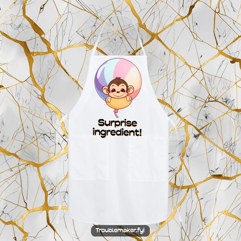 Funny apron featuring a mischievous monkey peeking from behind a large, colorful balloon, ideal for a playful cooking experience.