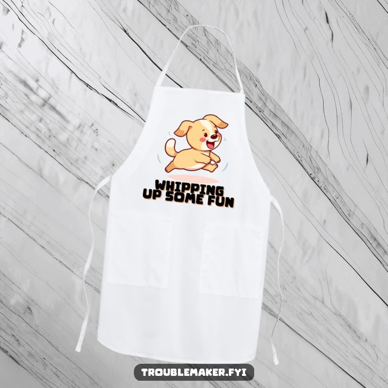 Funny dog apron showing a playful dog chasing its tail in circles, perfect for a humorous and functional kitchen accessory.