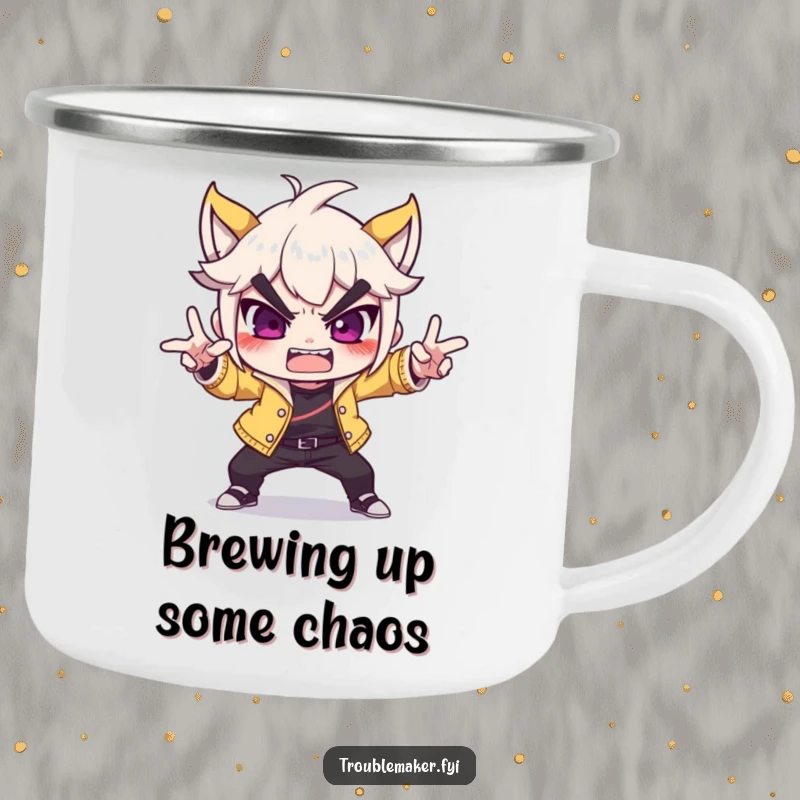 Funny troublemaker character striking a dramatic, over-the-top pose on a camping mug, perfect for outdoor adventures and humorous moments.