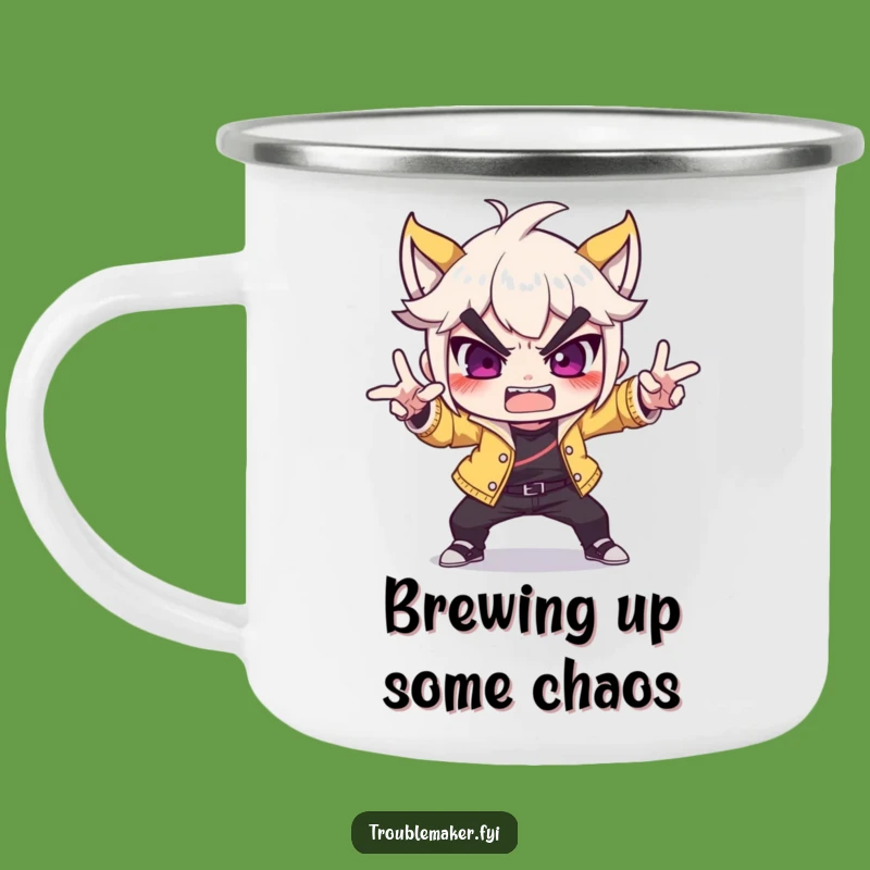 Funny Troublemaker Camping Mug - Dramatic Pose Enamel Cup, Ideal Outdoor Funny Gift