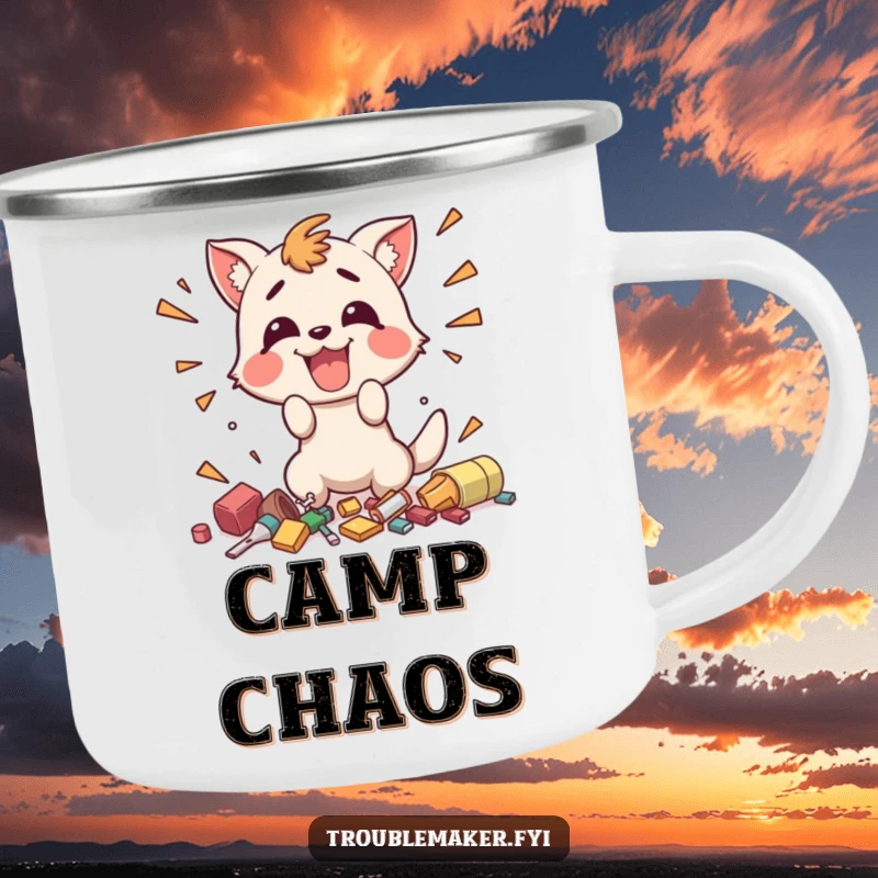 Funny camping mug showing a happy animal character enthusiastically making small, chaotic messes, perfect for outdoor enthusiasts with a sense of humor.