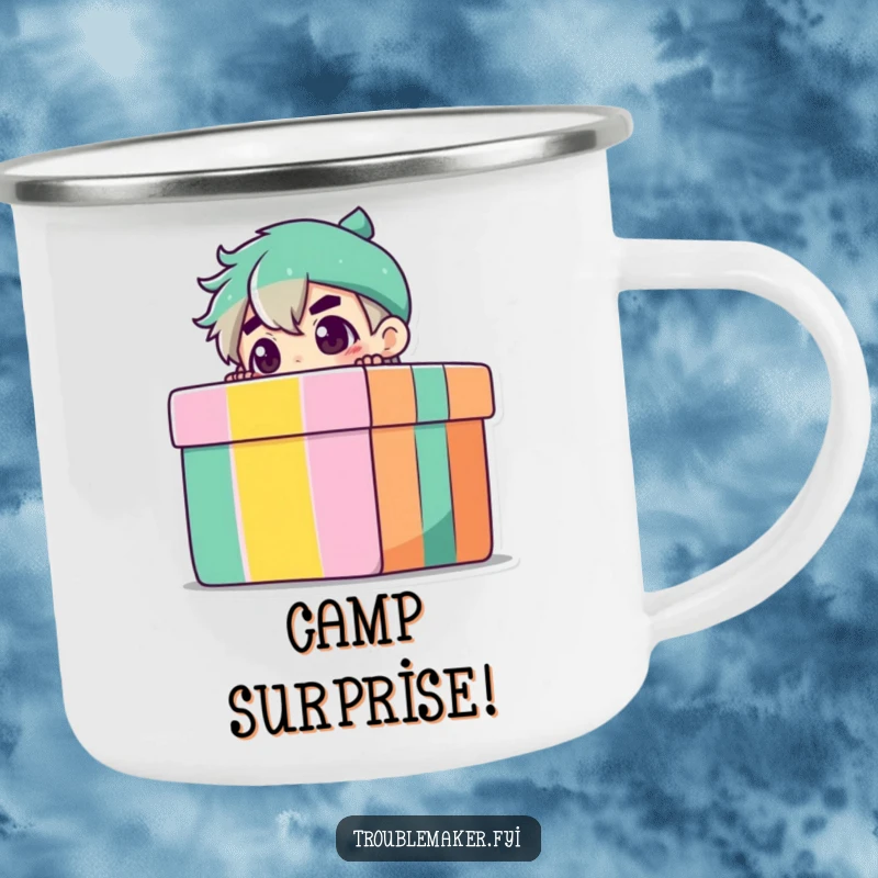 Funny Camping Mug featuring a troublemaker character peeking from a gift box, ready for your next outdoor escapade and a good laugh.