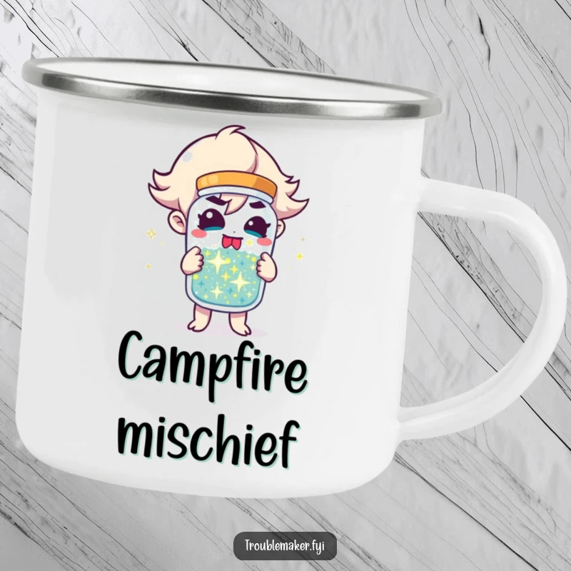 Funny Camping Mug featuring a troublemaker character holding a jar of sparkling mischief, ready for your next outdoor escapade and a good laugh.