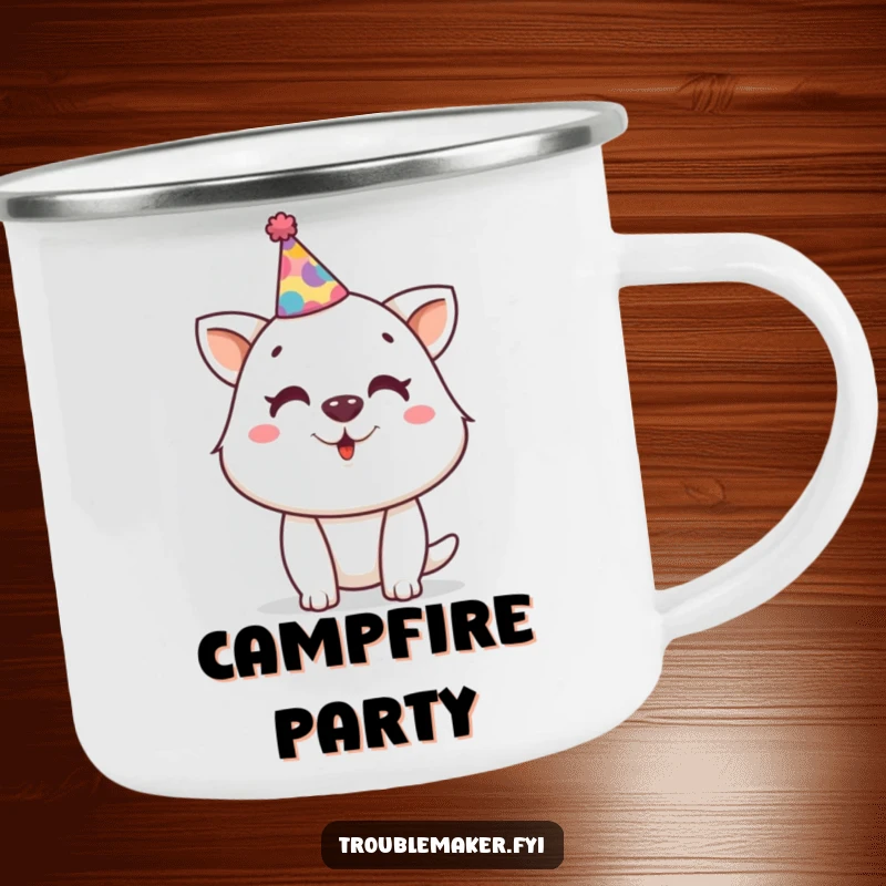 Funny camping mug showing a mischievous animal character wearing a tiny, crooked party hat, perfect for festive outdoor celebrations.