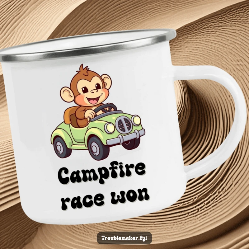 Funny camping mug showing a monkey joyfully riding a runaway toy car, perfect for outdoor enjoyment and embracing adventurous sips.