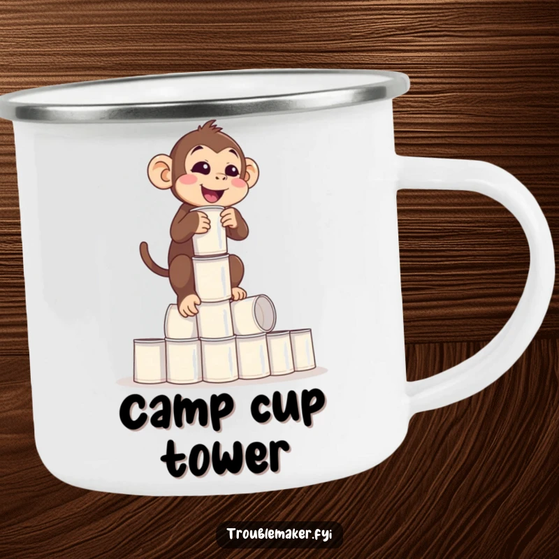 Funny Balance Monkey Camping Mug of a monkey balancing a tower of empty cups precariously, enjoying the outdoors, great funny gift.
