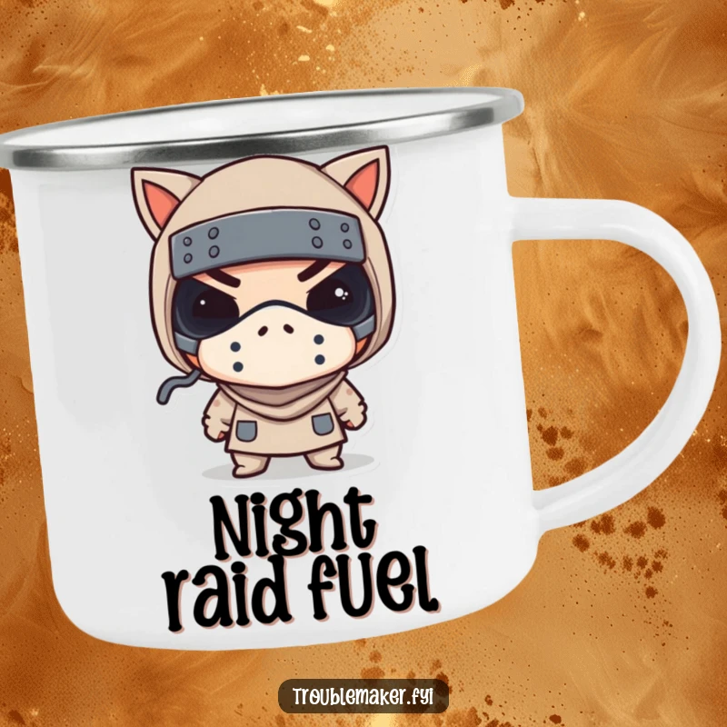 Funny camping mug depicts a troublemaker in a tiny bandit mask winking, perfect for outdoor fun and playful moments.