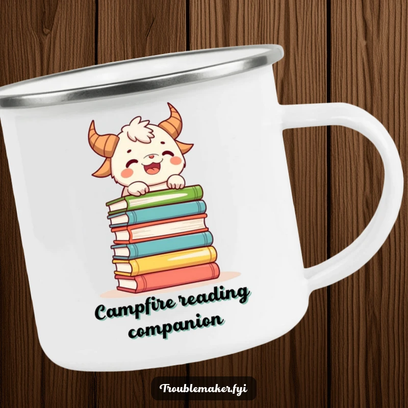 Funny camping mug with a playful horned creature balancing a stack of books, perfect for literary outdoor fun.