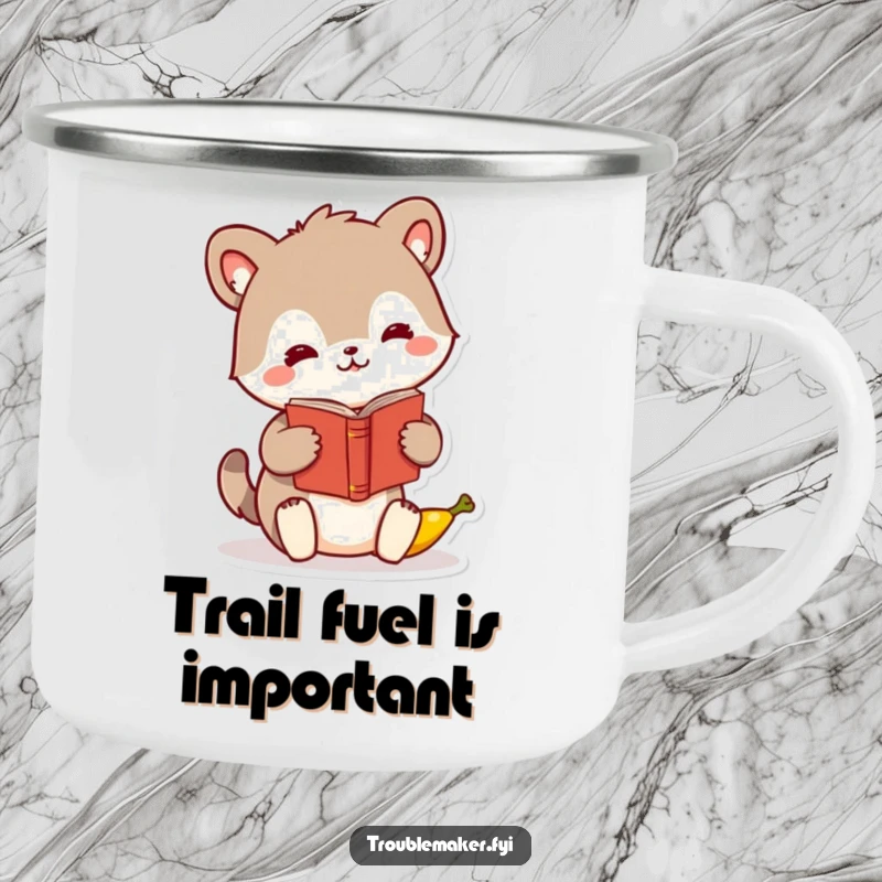 Funny animal character camping mug, humorously swapping a book for a banana, ready for outdoor fun.