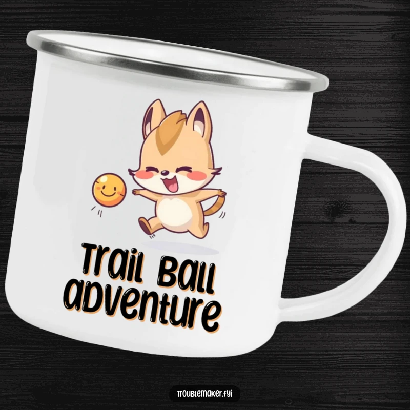 Funny Camping Mug with a mischievous animal character playfully chasing a smiling ball, ideal for outdoor lovers who enjoy fun.