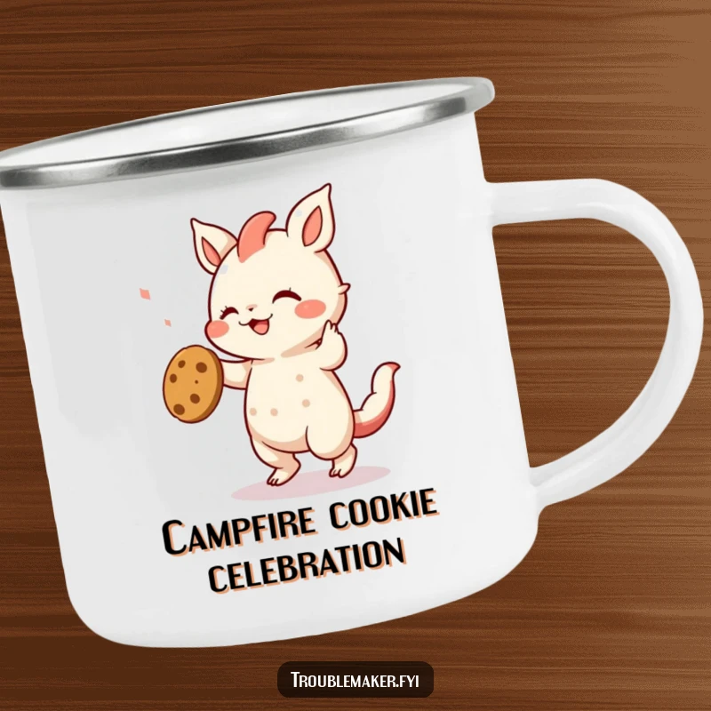 Funny camping mug design of a creature dancing with a stolen cookie, a humorous symbol of campfire treats and joyous celebration.