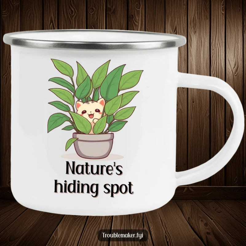 Funny camping mug design of a creature hiding behind a houseplant, a humorous symbol of outdoor tranquility and green escapes.