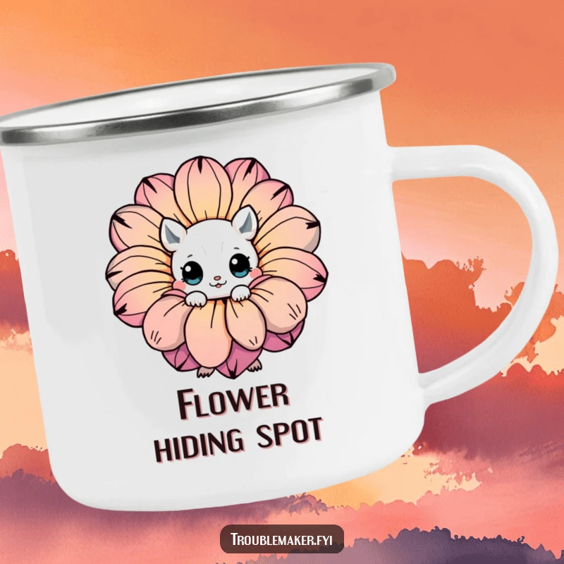 Funny camping mug with a creature with expressive eyes hiding behind a giant, colorful flower, perfect for outdoor fun.