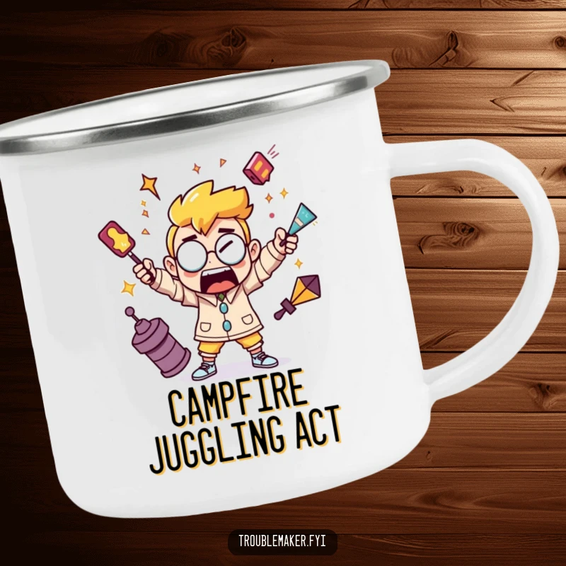 Funny camping mug featuring a troublemaker character juggling chaotic objects, perfect for outdoor enthusiasts.