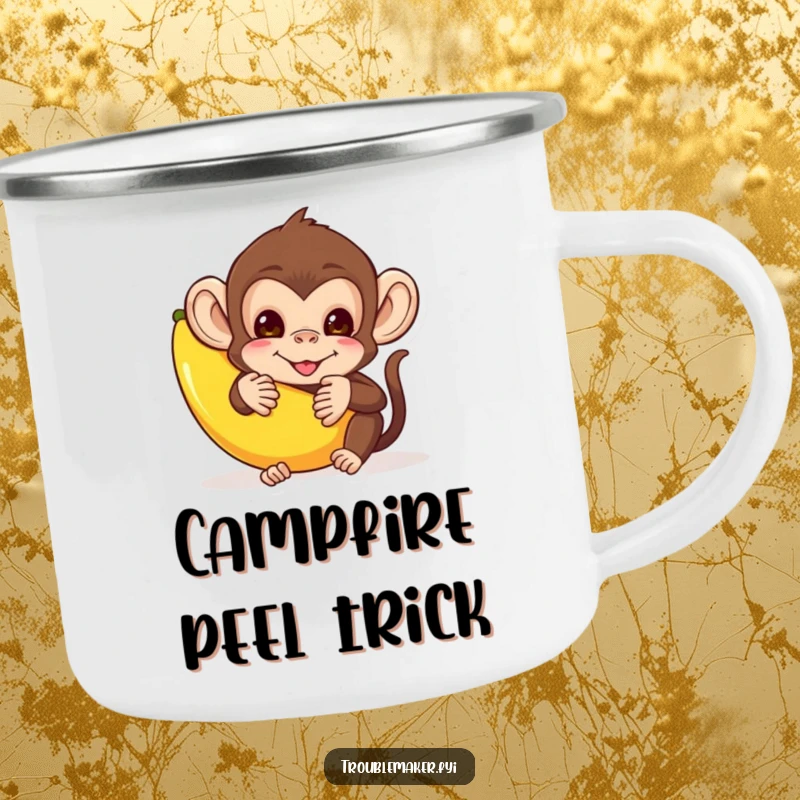 Funny camping mug with a mischievous monkey hiding behind a banana peel, designed for adventurers and lovers of humorous outdoor gear.