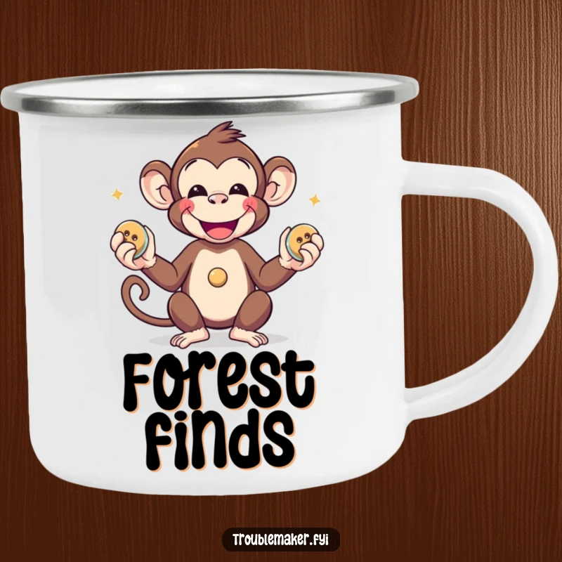 Funny monkey juggling shiny buttons on a durable camping mug, perfect for outdoor adventures.