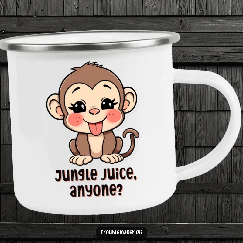 Funny monkey camping mug with a cheeky character sticking its tongue out and winking, ideal for outdoor enjoyment.